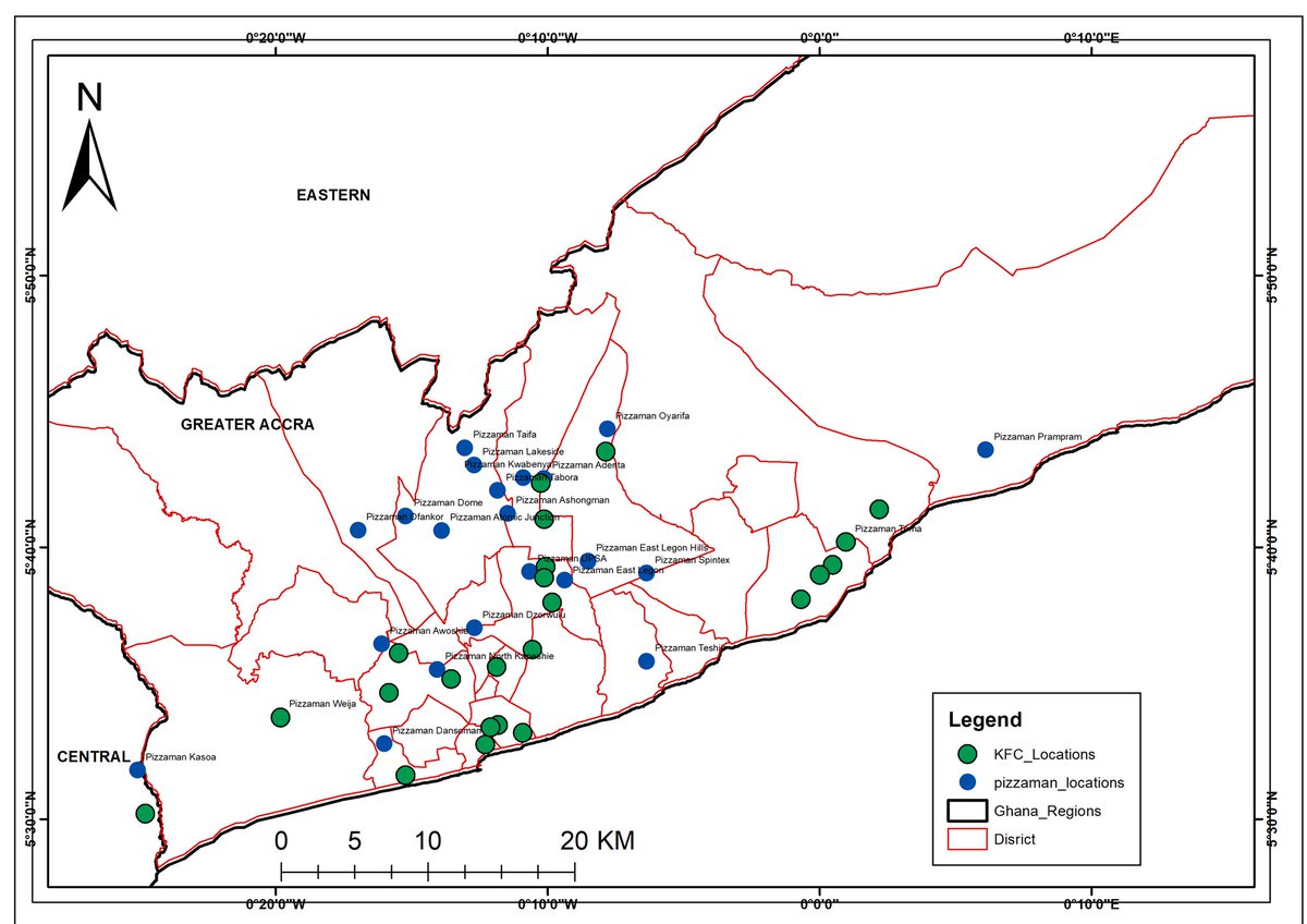 DGyile's tweet photo. Turning location data into business strategy 📍
Analyzed Pizza Man &amp; KFC outlets across Greater Accra using GIS to reveal:
Market saturation vs opportunities
Service area boundaries
Competitive postioning
Coverage gaps
Need spatial analysis? Contact details in the flyer 👇
#GIS https://t.co/G52K52CD9C