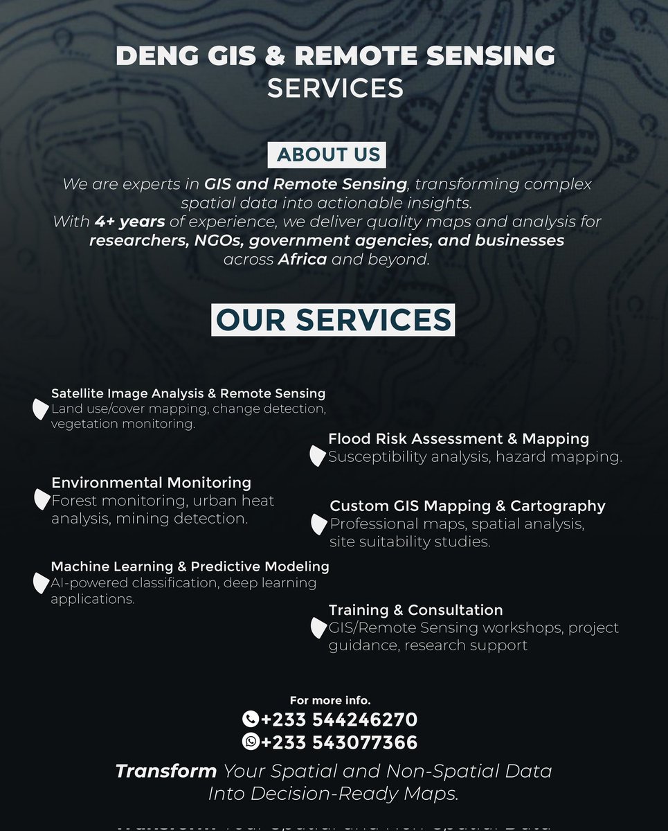 DGyile's tweet photo. Turning location data into business strategy 📍
Analyzed Pizza Man &amp; KFC outlets across Greater Accra using GIS to reveal:
Market saturation vs opportunities
Service area boundaries
Competitive postioning
Coverage gaps
Need spatial analysis? Contact details in the flyer 👇
#GIS https://t.co/G52K52CD9C