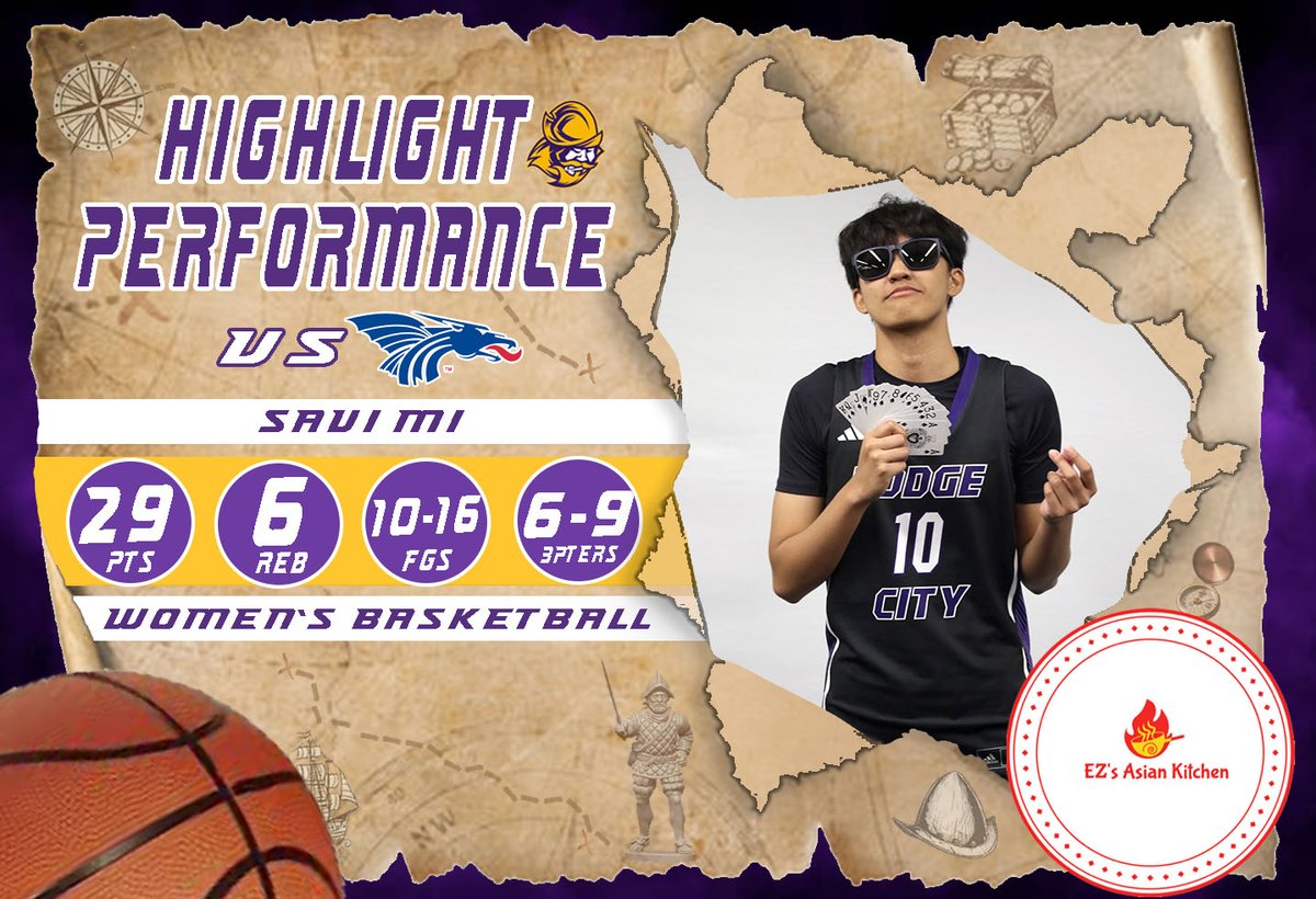 GoConqs's tweet photo. 🏀Highlight Performance of the Day🏀 

EZ's Asian Kitchen Highlight Performance of the Day for Women's Basketball - Savi Mi had a career-high 29pts on 10-16 shooting (6-9 3pters) with 6 reb, 1 ast, 1 stl vs Hutchinson in Region 6 Semifinals #GoConqs #BurnTheBoats @GoConqsWBB
 
EZ's Asian Kitchen - Located at 2409 Central Ave in Dodge City, KS