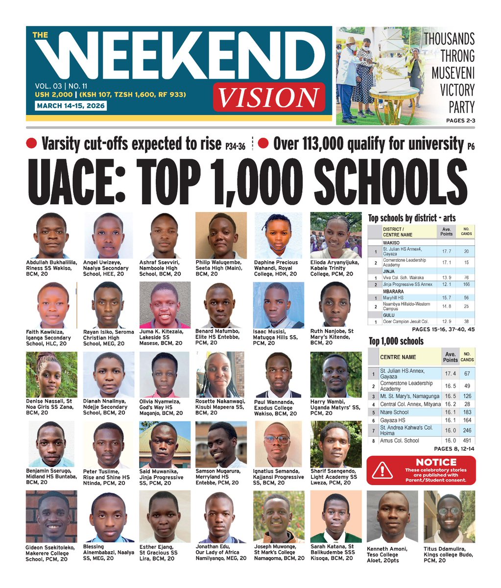 Weekend Vision is out! 🗞️

📌 UACE: Top 1,000 schools revealed
 📌 Thousands throng <a href="/KagutaMuseveni/">Yoweri K Museveni</a> victory party
These and more inside the weekend edition.

Grab your copy from the nearest vendor or read the #EPAPER 👉🏿 epapers.visiongroup.co.ug

#VisionUpdates