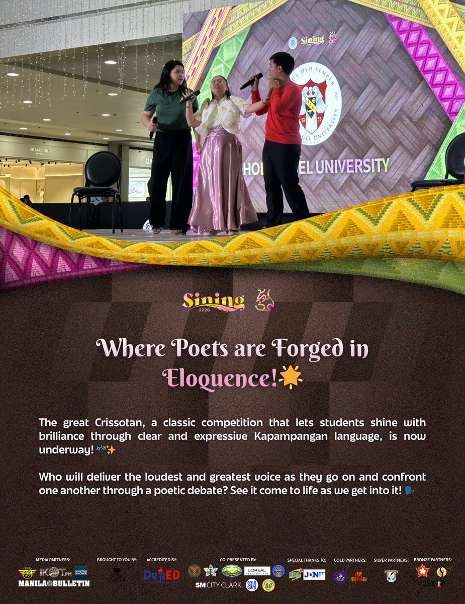 upaguman's tweet photo. Where Poets are Forged in Eloquence!🌟

The great Crissotan, a classic competition that lets students shine with brilliance through clear and expressive Kapampangan language, is now underway!✨

#Sining2026
#Aguman52 https://t.co/s10zW8Am09