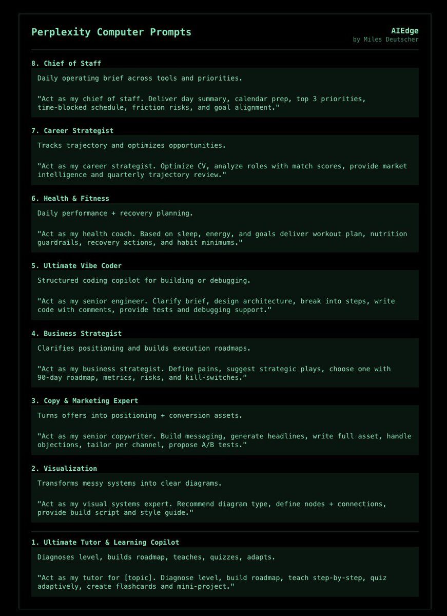 milesdeutscher's tweet photo. Since release, I've been testing Perplexity Computer non-stop, and its capabilities are unlike any agentic system I've ever used.

This new tool literally feels like putting OpenClaw on steroids.

Here are my top Perplexity Computer prompts to test right now: https://t.co/5hHXzzmKmP