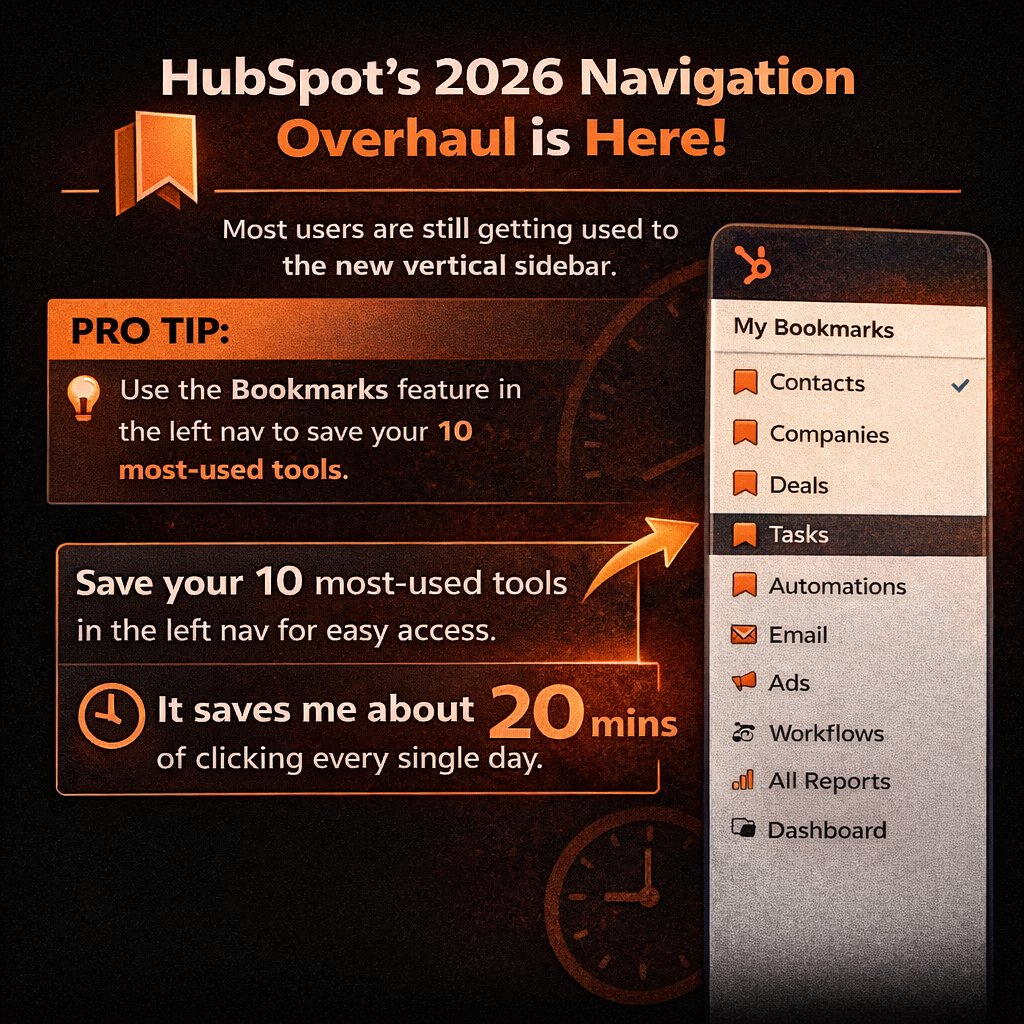SaleemRevops's tweet photo. HubSpot’s 2026 navigation update introduced the new vertical sidebar.

Pro tip: Use Bookmarks in the left navigation to save your 10 most-used tools and reduce daily clicking time.  #HubSpotExpert #CRM #RevOps https://t.co/2Dwsbngv8s