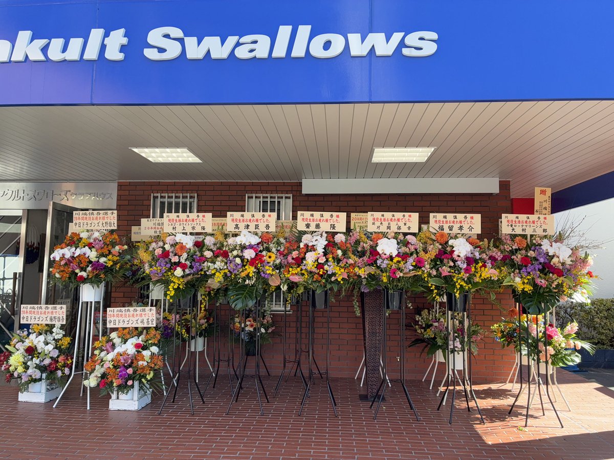 swallowspr's tweet photo. ◥◣#川端慎吾 引退試合◢◤

#川端慎吾 選手にたくさんのお花が届きました💐

特設ページはこちら
https://t.co/syMt75LN4n

#swallows https://t.co/4BA8q3ZqNg