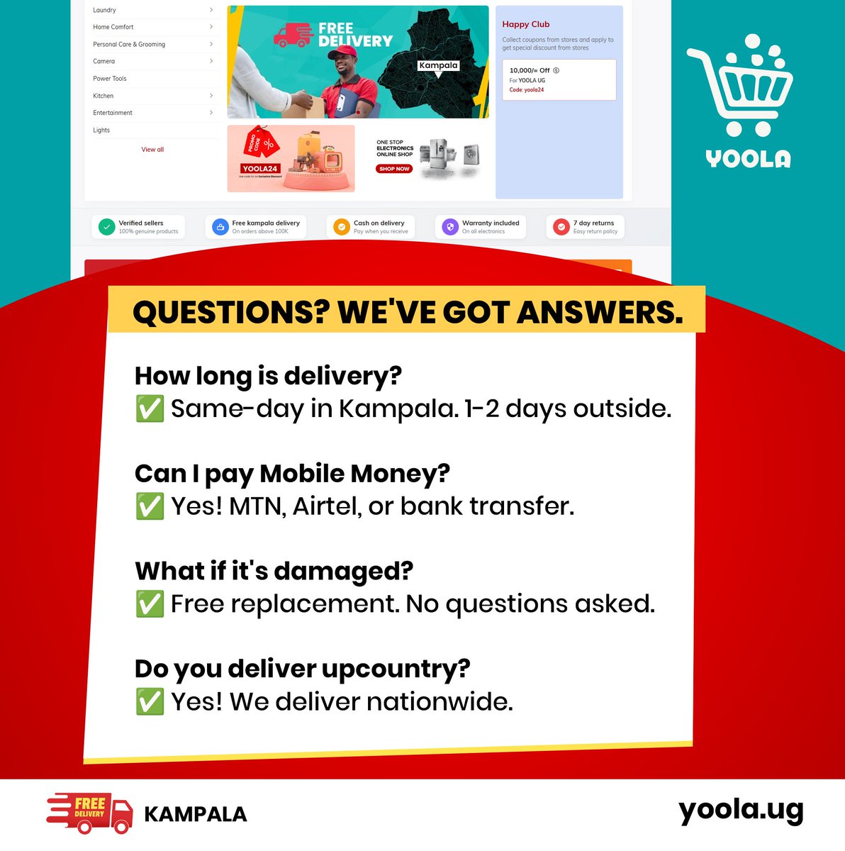 Yoola_UG's tweet image. You asked, we answered 👇

These are the top 4 questions we get every single day:

Still have questions? That's what WhatsApp is for: 0780 221 421

#YoolaUganda #FAQ #ShopOnline