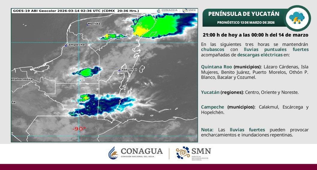 ⛈️ Quintanarroenses, tomemos precauciones, se pronostican lluvia puntuales fuertes con descargas eléctricas en distintos puntos del estado. 

#LaTripleA 

<a href="/conagua_clima/">CONAGUA Clima</a> <a href="/ProtCivil_QRoo/">Coordinación Estatal de Protección Civil QRoo</a>