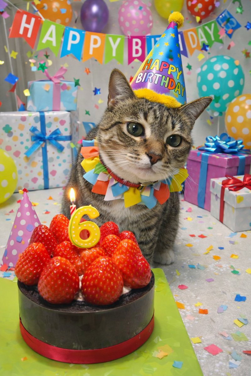 cat_chunsam's tweet photo. 우리집에 온 날을 생일로 생각하기로 했기에 춘삼이 생일임. 아무튼 그럼. 그때 1살추정이어서 6살 생일파티입니다. ai가 너무 순둥이로 만들어서 어색 https://t.co/bOjUv8NDQx