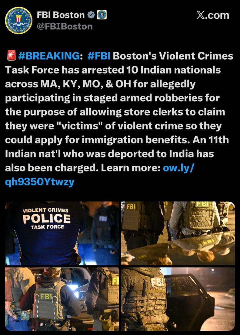 tanmoyofc's tweet photo. GUJJUS AGAIN 🔥

FBI just Nailed 11 Indian Nationals in Boston for a Brazen Immigration Fraud Ring: Staging Armed Robberies At Convenience Stores So Fake "Victims" could Scam U-visas by claiming Crime Victim Status!

GUJJUS Everywhere, fake Guns, Cash Grabs, Multi-state Operation — All To Cheat The System For Green Cards.

Names 👇
1. Jitendrakumar Patel, 39
2. Maheshkumar Patel, 36
3. Sanjaykumar Patel, 45
4. Dipikaben Patel, 40
5. Rameshbhai Patel, 52
6. Amitabahen Patel, 43
7. Ronakkumar Patel, 28
8. Sangitaben Patel, 36
9. Minkesh Patel, 42
10. Sonal Patel, 42
11. Mitul Patel, 40

#ModiHaiToMumkinHai #LPGGasCrisis
