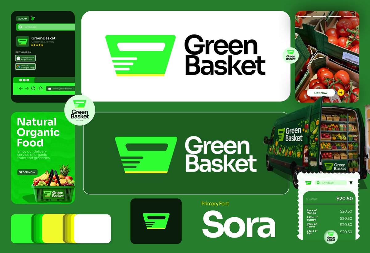 whalezgraphics's tweet photo. Green Basket is a modern grocery delivery startup focused on making fresh and organic food easily accessible. The brand combines convenience, speed, and healthy living by delivering quality fruits and groceries directly to customers’ doorsteps. https://t.co/DTnjyuYS33