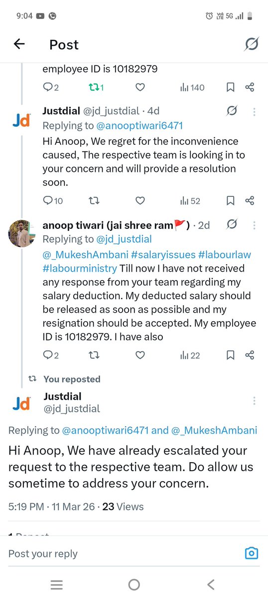 anooptiwari6471's tweet image. #salaryissues #labourlaw #labourministry @_MukeshAmbani @jd_justdial I can provide it. I want to tell that the salary for all the working days of this month should also be released and my resignation should be accepted. My employee id -10182979 
Manager name - intezar sayed