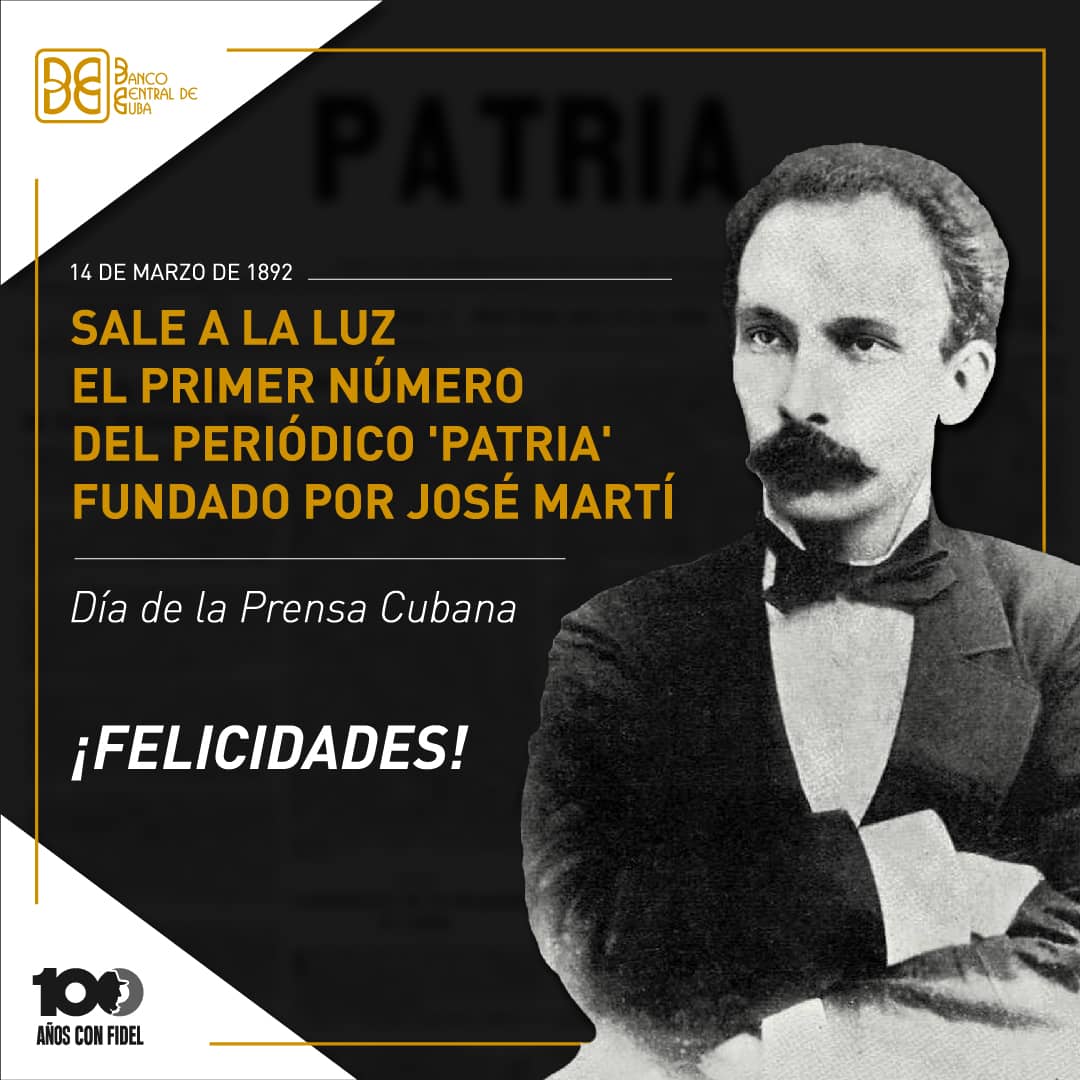 📍 El 14 de marzo de 1892, José Martí nos legó el periódico Patria para unir y convocar. En este #DíaDeLaPrensaCubana, #BancariosCubanos ratificamos respeto por la labor informativa y compromiso con la comunicación transparente al servicio de nuestro pueblo. ¡Felicidades!