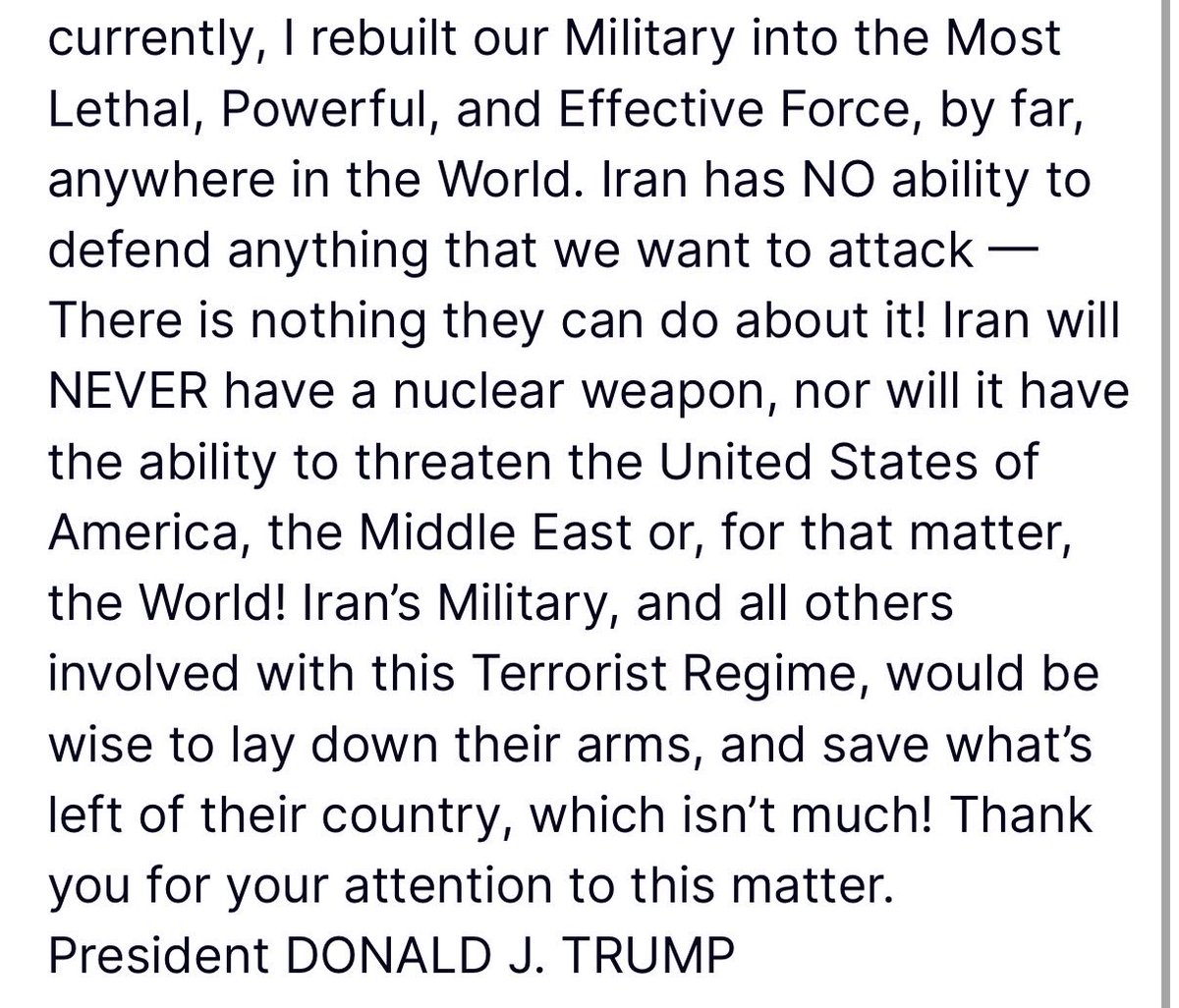 Agora — de Trump:

"Momentos atrás, por minha determinação, o Comando Central dos Estados Unidos executou um dos mais poderosos bombardeios da história do Oriente Médio e obliterou completamente todos os alvos militares na joia da coroa do Irã, a Ilha de Kharg. Nossas armas são