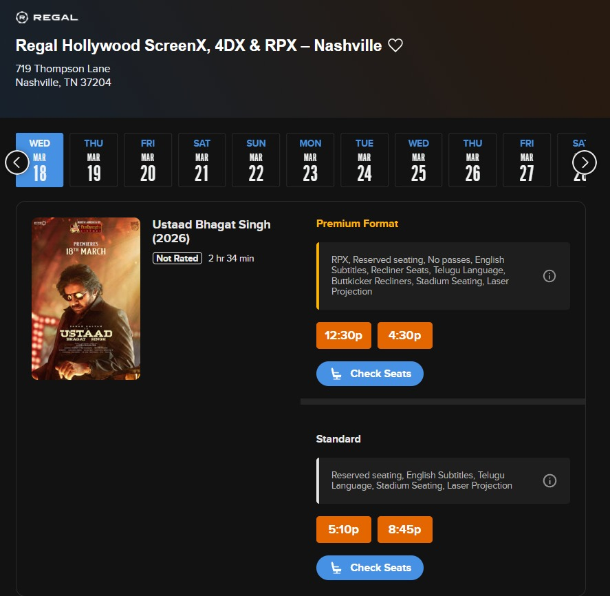 PrathyangiraUS's tweet image. #UstaadBhagatSingh 🇺🇸

@RegalMovies - RPX Shows now open at

Regal Commerce Center - North Brunswick, NJ
Regal Bellingham -  MA
Regal Westbury -  NY
Regal Warrington Crossing - PA
Regal Hollywood - Nashville, TN
Regal Deerfield Town Center - Mason, OH

Grab your tickets 🎟️