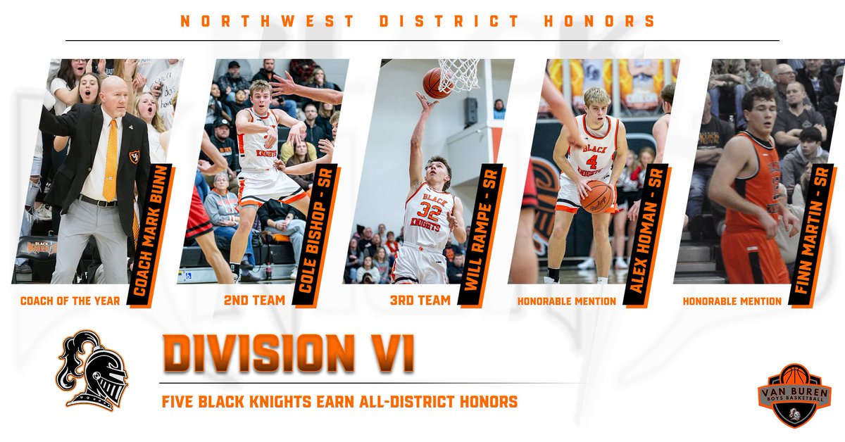 Four Van Buren Boys Basketball Players and Coach Bunn EARN Northwest District Division VI post-season honors.