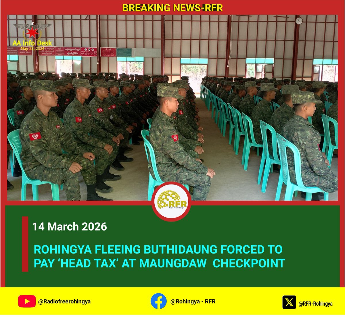 Rohingya fleeing Buthidaung are reportedly forced to pay a “head tax” at the Maungdaw checkpoint — 1,000,000 kyats for those over 10 and 500,000 kyats for children. Many are fleeing toward Bangladesh amid arrests and movement restrictions.
#Rohingya #Myanmar #RFRNews