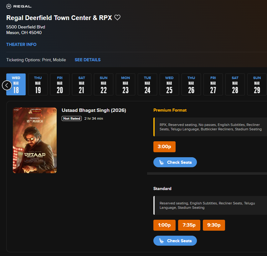 PrathyangiraUS's tweet image. #UstaadBhagatSingh 🇺🇸

@RegalMovies - RPX Shows now open at

Regal Commerce Center - North Brunswick, NJ
Regal Bellingham -  MA
Regal Westbury -  NY
Regal Warrington Crossing - PA
Regal Hollywood - Nashville, TN
Regal Deerfield Town Center - Mason, OH

Grab your tickets 🎟️