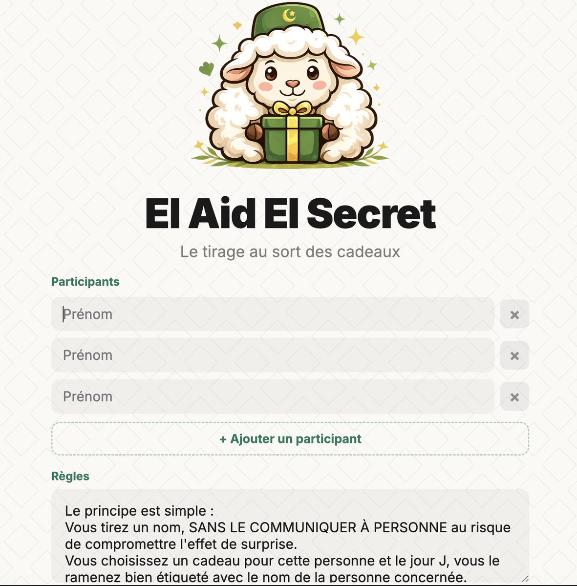 umanitey's tweet photo. Rien de plus beau que de voir les enfants rayonner à l’Aïd, et les grands aussi !
Notre bien-aimé dit : « Faites-vous des cadeaux, vous vous aimerez ».
C’est ce qui m’a motivé à coder un Secret Santa version Aïd : liens privés, tirage au sort facile.
Vous en pensez quoi ?
https://t.co/TZ9Yv4nuNz