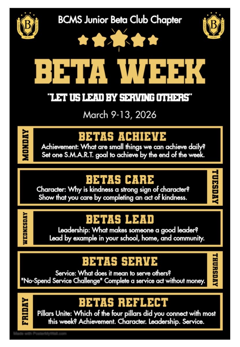 MrsDelaney101's tweet photo. Beta Pride: Serving with Purpose! 🏆@BearCreekMS Beta Club members celebrating #BetaWeek2026 “The Bear Way”! 🖤💛 @MsTGedu @Armstrong_BCMS @nationalbeta #BetaWeek https://t.co/RDg1dpGgA0