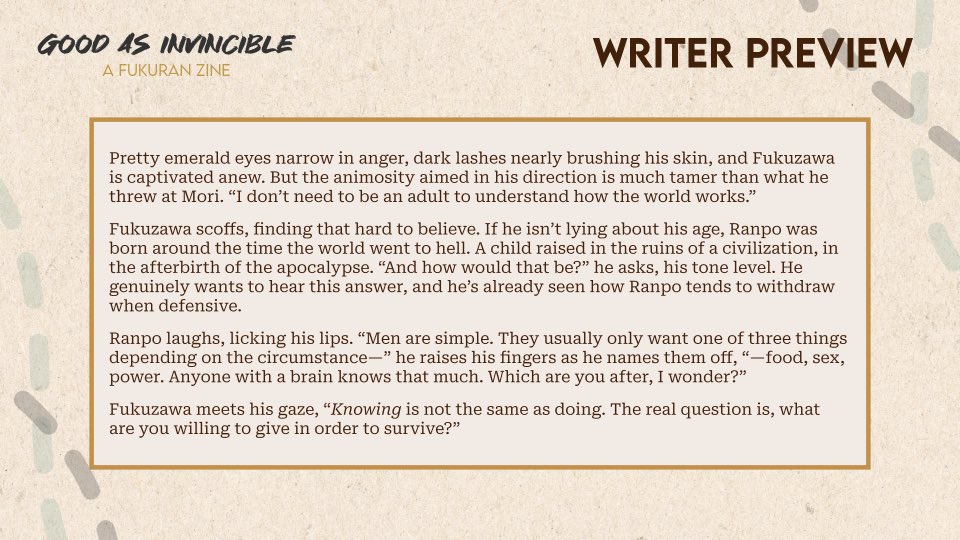 larswithghosts's tweet photo. here’s my preview for the Good as Invincible @fukuranzine!! I wrote our boys in a Last of Us au that leads to some angst, some smut, and a whole lot of yearning 🫣

the zine drops‼️TOMORROW‼️so be sure to grab a copy and enjoy all the amazing works inside!! https://t.co/NyPw5lU0l3