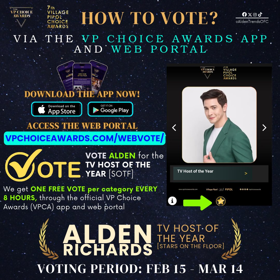 AldenTrendsOFC's tweet photo. VP Choice Awards REMINDER‼️

VOTE ALDEN RICHARDS for TV HOST of the YEAR in the VPCA app and web portal --
https://t.co/fhg7ge7te9

We get 1 FREE VOTE PER DAY EVERY 8 HOURS!

@aldenrichards02  @vpchoiceawards 
#VPChoiceAwards 
#ALDENRichards https://t.co/UsHsp3WOKk
