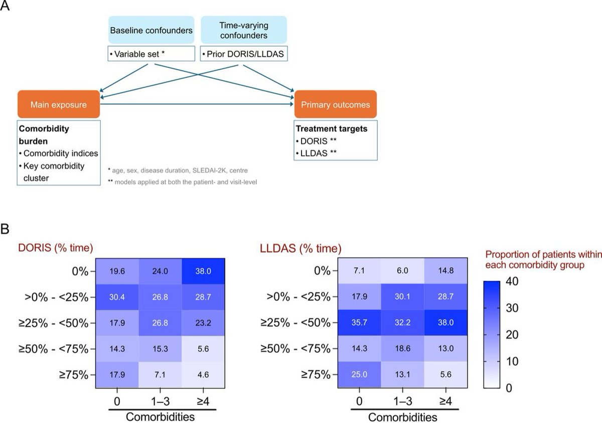 🎯 Comorbidities hinder treat-to-target in SLE: multicentre longitudinal study
📊 347 patients; 69% had ≥1 key comorbidity (obesity, HTN, depression, fibromyalgia...)
📉 55–60% lower likelihood of sustained DORIS remission or LLDAS
💊 Mechanism: smouldering disease activity +