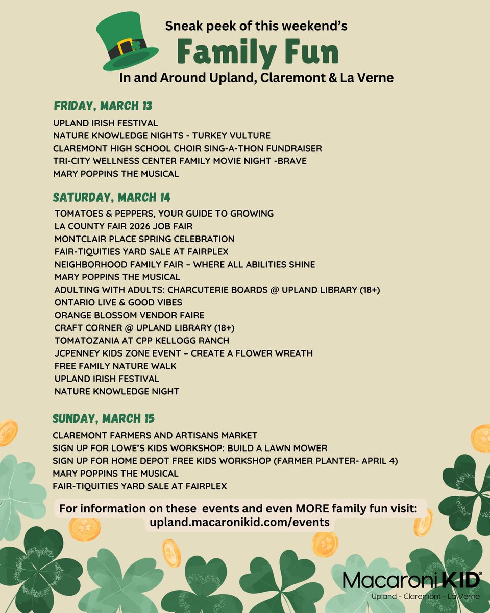 MacKidUpland's tweet photo. 🍀 Big weekend ahead.
Irish Festival, farmers markets, musicals, fairs, and more across Upland, Claremont &amp; La Verne.
Full list → https://t.co/iwYDld2OfC https://t.co/gsdJ7krWk2