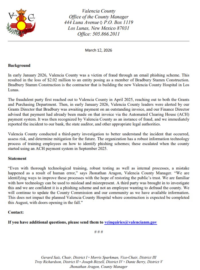 #Breaking: #ValenciaCounty is out more than $2 million after an employee fell for an email scam and sent the millions to scammers. The funds were supposed to go toward the long-awaited new hospital. More details on <a href="/krqe/">KRQE News 13</a> at 10 p.m.
