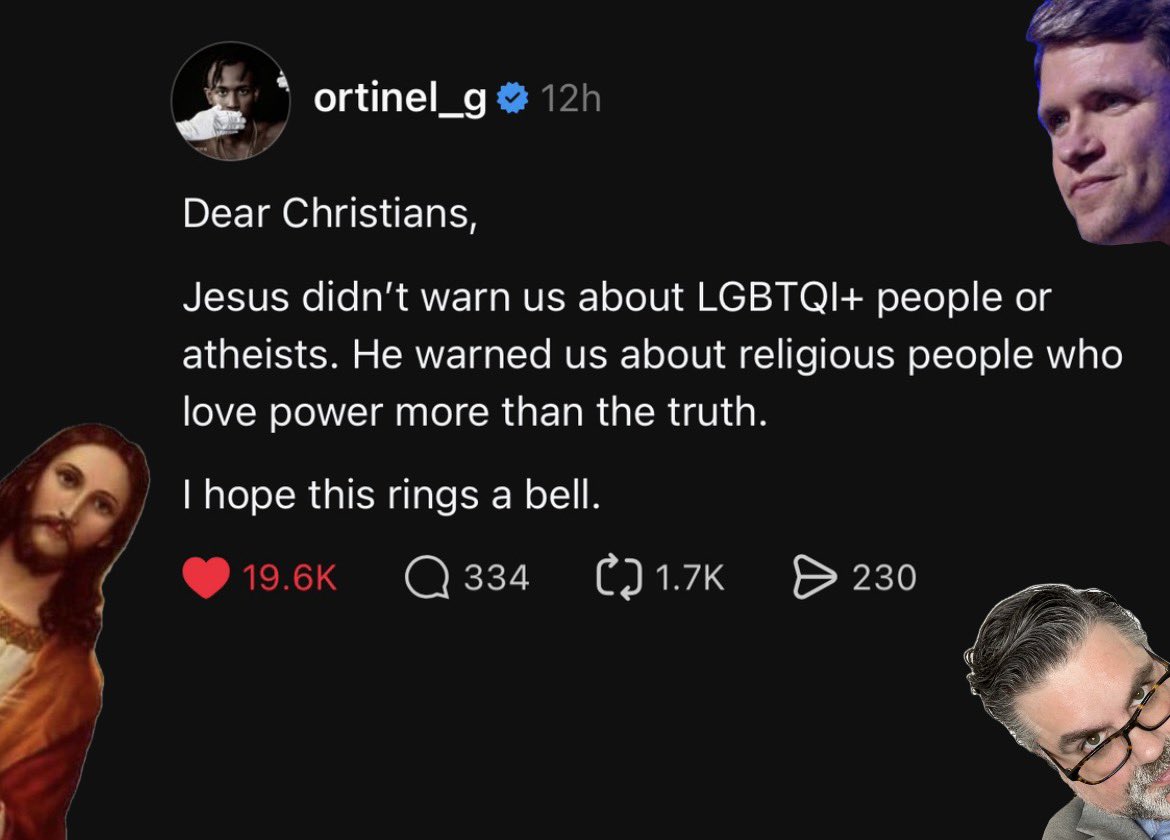 jacobrosecrants's tweet photo. I now present to y’all…from one Christian (I’m born &amp; raised Catholic) to any Christian (especially elected folk) who need to see this 👀 ⬇️ very important message!*

*Yes, that’s Jesus, me, &amp; @jamestalarico judging you. https://t.co/umjnRBmR9N