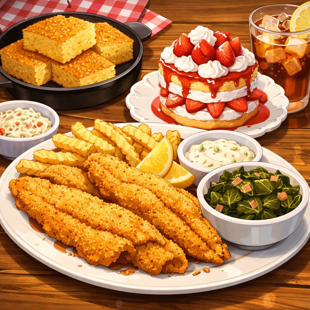ChefGartner's tweet photo. ❝Here we have some fried catfish, collard greens, cornbread and strawberry shortcake. Can’t get more American than that!

Enjoy!❞ https://t.co/uWytTeYAmK