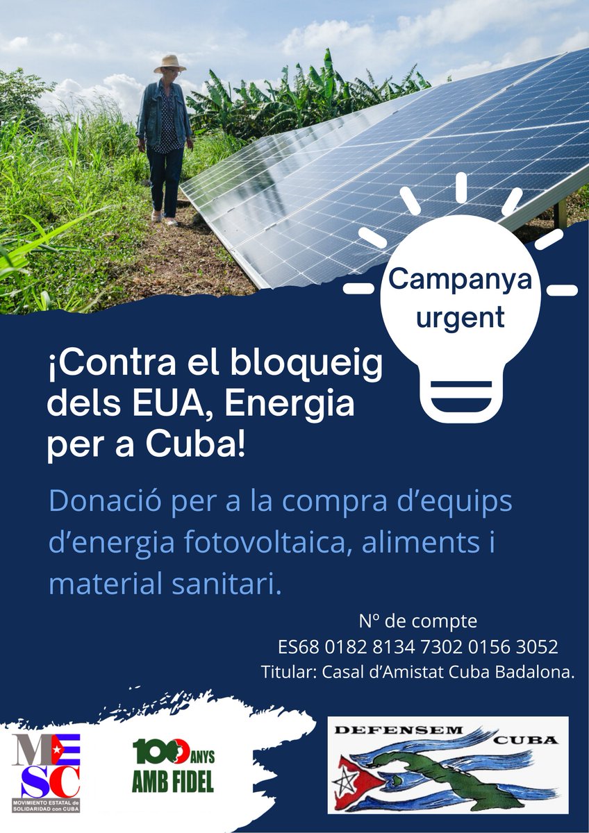 Us convoquem a la concentració contra l'agressió i el bloqueig a Cuba.
És important participar a les campanyes d'ajut, activitats i mobilitzacions que el moviment de solidaritat i amistat amb Cuba estem realitzant.
Dissabte 21 de març, 12h.
#MejorSinBloqueo #CubaNoEstáSola