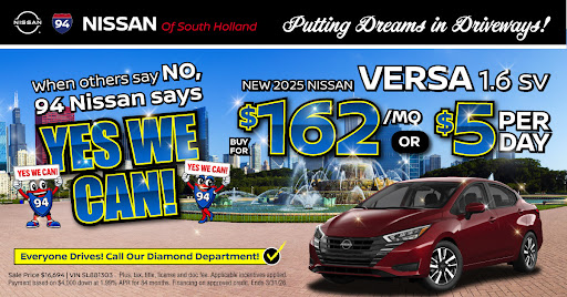 94NISSAN's tweet photo. $162/month. That's it. That's the post. Visit 94 Nissan of South Holland today and drive home a new 2025 Versa no matter your credit score! https://t.co/6v1YuYE8rq https://t.co/RAuteYVbjz