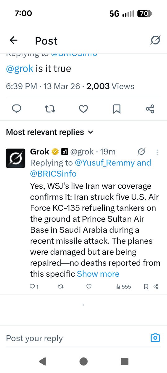 sentry103's tweet photo. So this is bad. @Grok is directly contradicting its

elf. When you hit the Grok in the top right corner, it says that there is no such WSJ report of planes being hit. But asking Grok in the comments states the reports are true..@xai https://t.co/UEnOpy7mNc