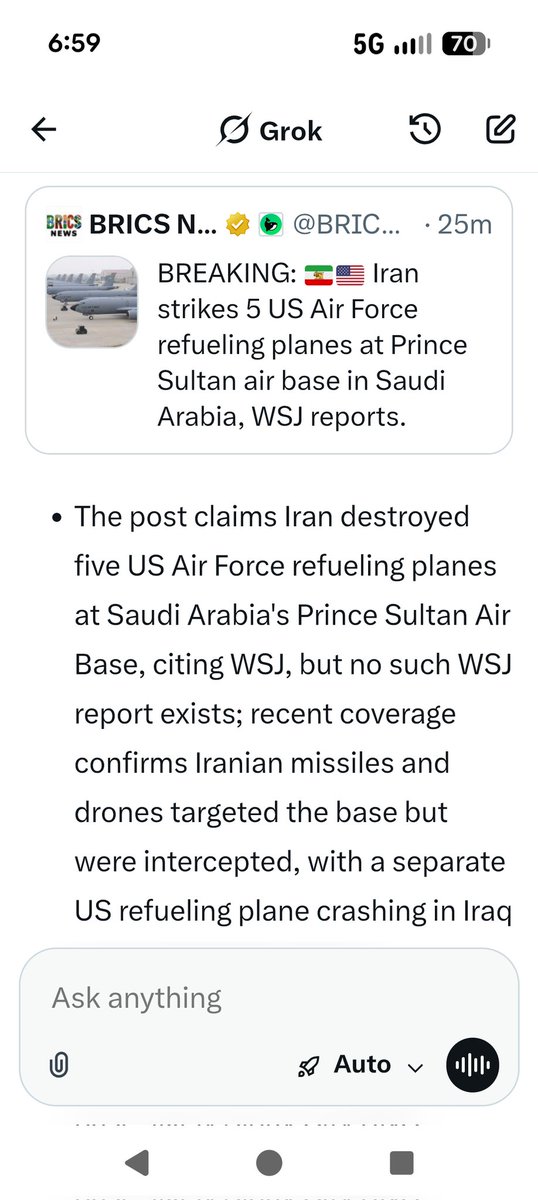 sentry103's tweet photo. So this is bad. @Grok is directly contradicting its

elf. When you hit the Grok in the top right corner, it says that there is no such WSJ report of planes being hit. But asking Grok in the comments states the reports are true..@xai https://t.co/UEnOpy7mNc