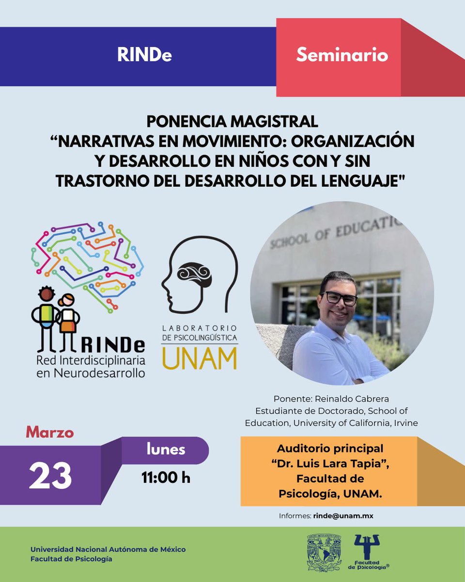 RINDe_UNAM's tweet photo. ¿Cómo influye el Trastorno del Desarrollo del Lenguaje en la forma en que los niños cuentan historias? 🧠📖

Descúbrelo en la Ponencia Magistral de la #RINDe: "Narrativas en movimiento".

🎙️ Reinaldo Cabrera (@UCIrvine)
🗓️ 23 de marzo
🕚 11:00 h
📍 Auditorio "Dr. Luis Lara Tapia" https://t.co/UMx0xu2mJn