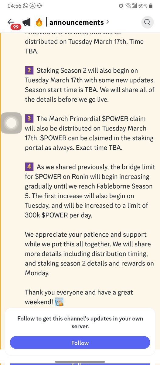 Finally $POWER team active again great announcements from team  season 1  staking rewards will be distribute on 17 of  march also starting season 2 same day same time one thing more team will extend  limit on ronin bridge upto 300K daily 🚀🚀🚀