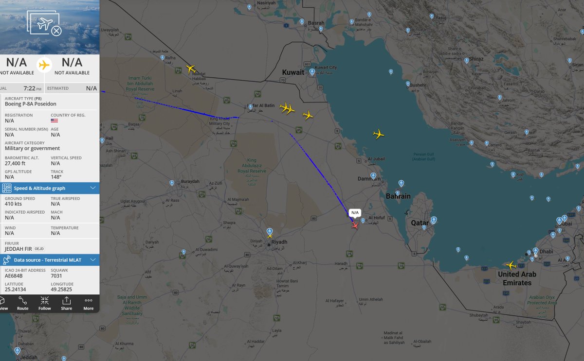 wildturkeydown's tweet photo. this p-8a poseidon was flying the gulf right before trump announced the latest strike. airspace was stacked with refuelers orbiting everywhere and this navy bird was out there on patrol keeping watch over the water side. https://t.co/NZI82Jaedm