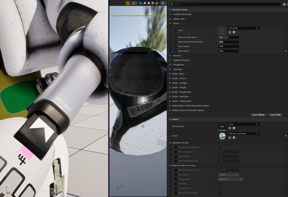 Update on the UE5 Marathon project with eye parallax added, iris colors/scale, halo ring possible, sclera colors, depth and emissive color/amount ; micro normal per zone from detail mask, noise on plastic/metal and fabric, custom color per zone, custom roughness per zone, SSS