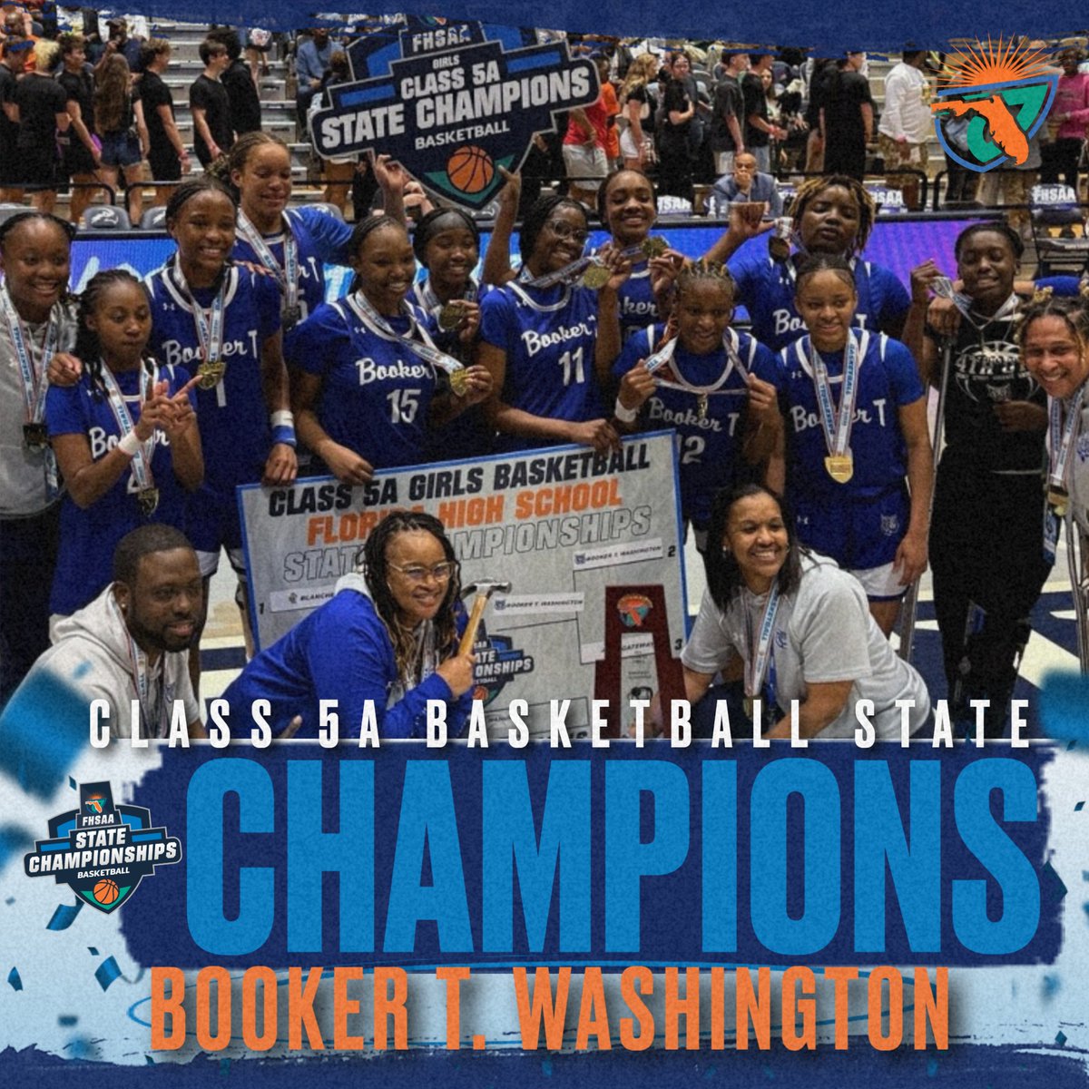 FHSAA's tweet photo. Congrats to Booker T. Washington on winning the Class 5A Girls State Championship! Such a great game! #fhsaachampionship #fhsaabasketball https://t.co/vYml6gtDrJ