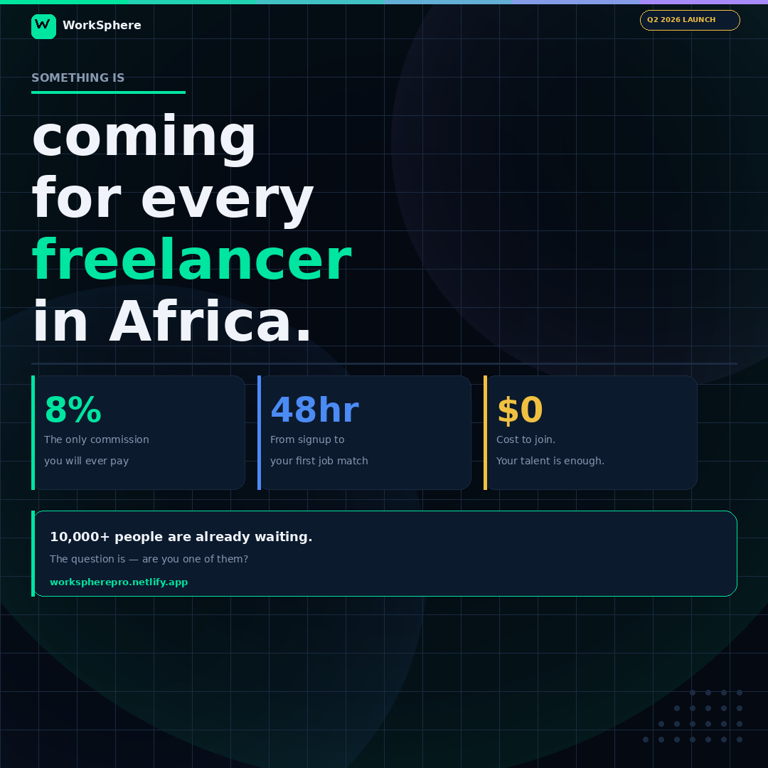 themediapostle's tweet image. Something is coming for every freelancer in Africa.
free to join. 8% commission. AI writes your proposal. money the same day. No silent bans.
10,000 people are already waiting.
The question is — are you one of them?
workspherepro.netlify.app
#WorkSphere #FreelanceAfrica #tech #ai