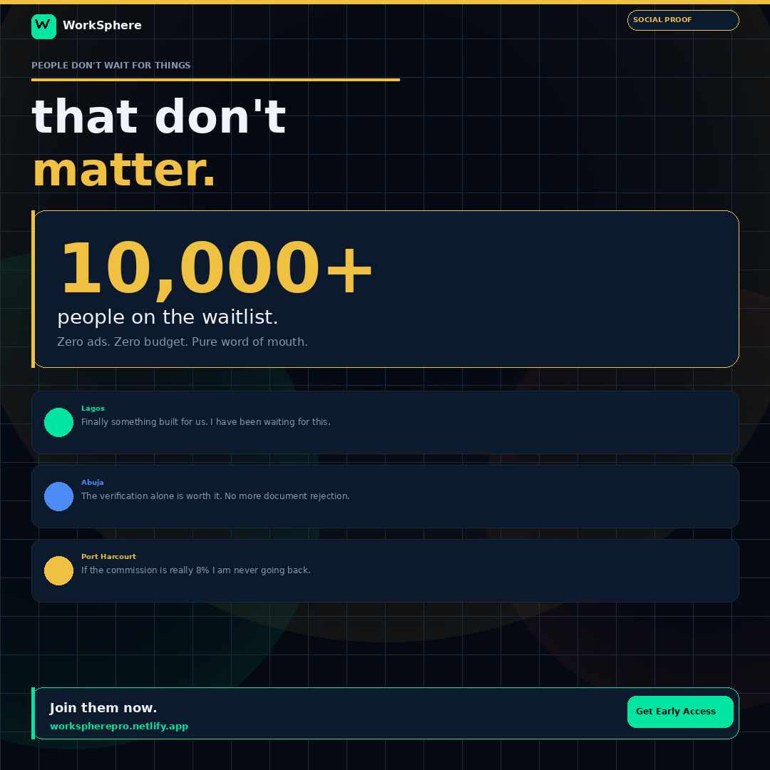 themediapostle's tweet image. Something is coming for every freelancer in Africa.
free to join. 8% commission. AI writes your proposal. money the same day. No silent bans.
10,000 people are already waiting.
The question is — are you one of them?
workspherepro.netlify.app
#WorkSphere #FreelanceAfrica #tech #ai