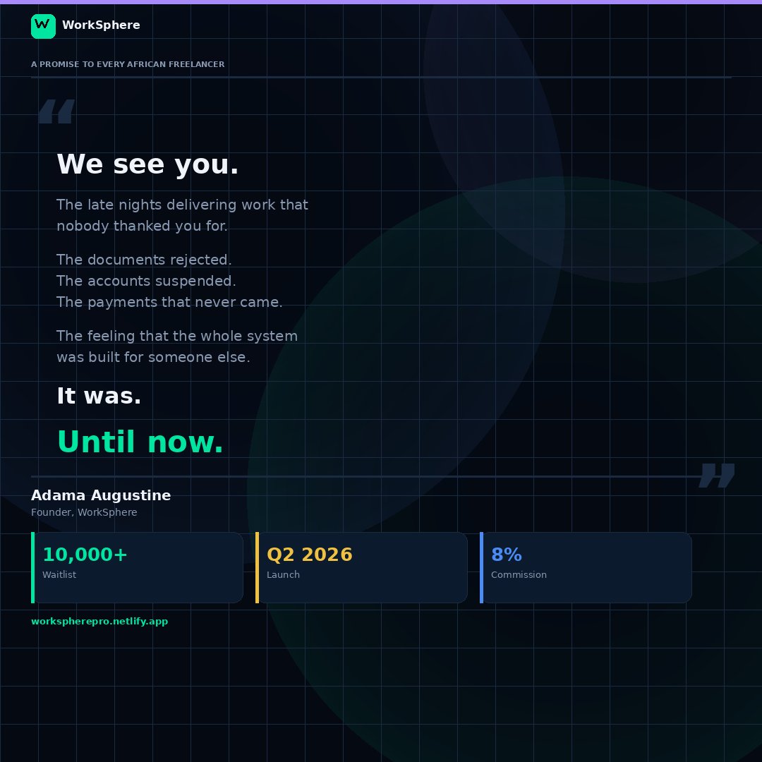 themediapostle's tweet image. Something is coming for every freelancer in Africa.
free to join. 8% commission. AI writes your proposal. money the same day. No silent bans.
10,000 people are already waiting.
The question is — are you one of them?
workspherepro.netlify.app
#WorkSphere #FreelanceAfrica #tech #ai