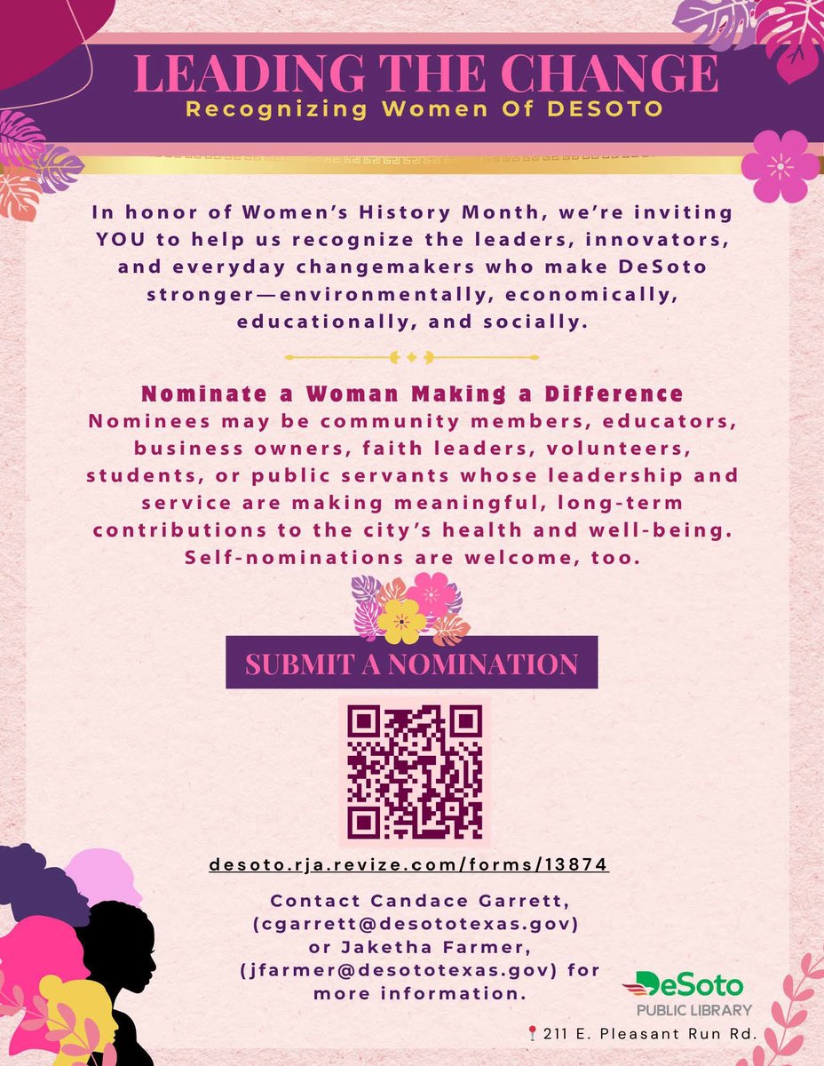 educ_solutions's tweet photo. March is Women’s History Month, and the 2026 national theme is “Leading the Change: Women 

Shaping a Sustainable Future.”
Know a woman making a difference in DeSoto? Submit a nomination today.

Deadline: Friday, March 20, 2026 at 5:00 PM. https://t.co/W8TF00bcPR