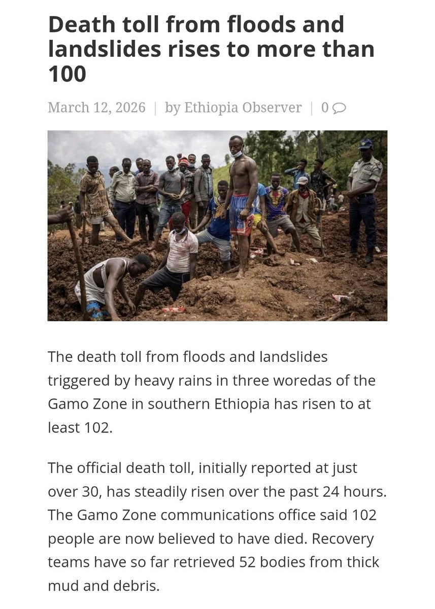 CrossRufus1's tweet image. Ontem, 22 de ventoso de 234

Fortes chuvas e deslizamentos de terra assolam a província etíope de Gamo, matando 102 pessoas diferentes. Aeronave militar norte-americana modelo Boeing KC-135 Stratotanker se acidenta no oeste do Iraque e mata 4 pessoas diferentes.