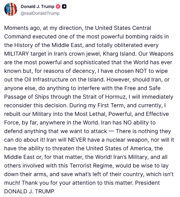 United States just bombed Iran's Kharg Island.

According to Trump, every military target on the island has been 'obliterated' possibly to pave the way for US Navy escorts in the Strait of Hormuz and for the 5,000 strong marine force enroute to the Middle East.

Iran's response?