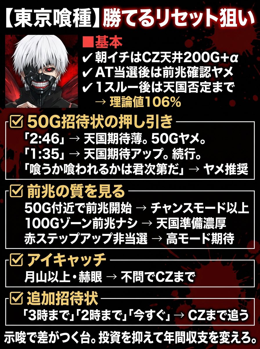 kamitan8192's tweet photo. 【東京喰種 勝てるリセット狙い】

東京喰種のリセットは
ただ200Gまで回す台ではない。

■基本
✔ 朝イチはCZ天井200G+α
✔ AT当選後は前兆確認ヤメ
✔ 1スルー後は天国否定まで

ここまでで理論値106%。

でも本当に差がつくのはここから。

✅50G招待状の押し引き

「2:46」
→200/400/600示唆
→天国期待薄。50Gヤメ。

「1:35」
→100/300/500示唆
→天国期待アップ。続行。

「喰うか喰われるかは君次第だ」
→出た時点で辞め。または天国確認してヤメ。

✅前兆の質を見る

50G付近で前兆開始
→チャンスモード以上期待。

100Gゾーンで前兆ナシ
→天国準備濃厚。

赤ステップアップ非当選
→次回当選示唆＋高モード期待。

これらはCZまでフォロー。

✅アイキャッチ

月山以上・赫眼
→不問でCZまで。

✅追加招待状

「3時まで」
「2時まで」
「今すぐ」

→CZ当選まで追う。

リセット狙いは、示唆で差がつく台。

投資を抑えることで
年間収支は大きく変わる。

東京喰種で負けてる人は
これを真似するだけで勝てるようになれます。