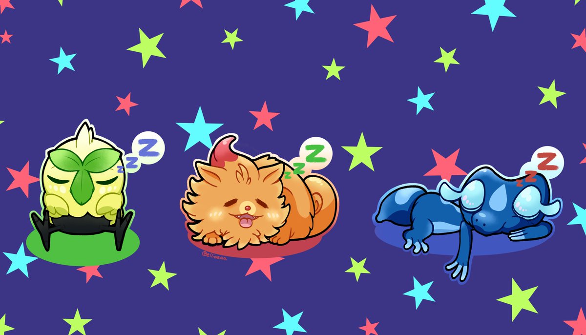 Decided to draw all the gen 10 starters taking a snooze! Might make these into stickers or smthn' I think (:

#gen10 #browt #pombon #gecqua #pokemon #digitalartist