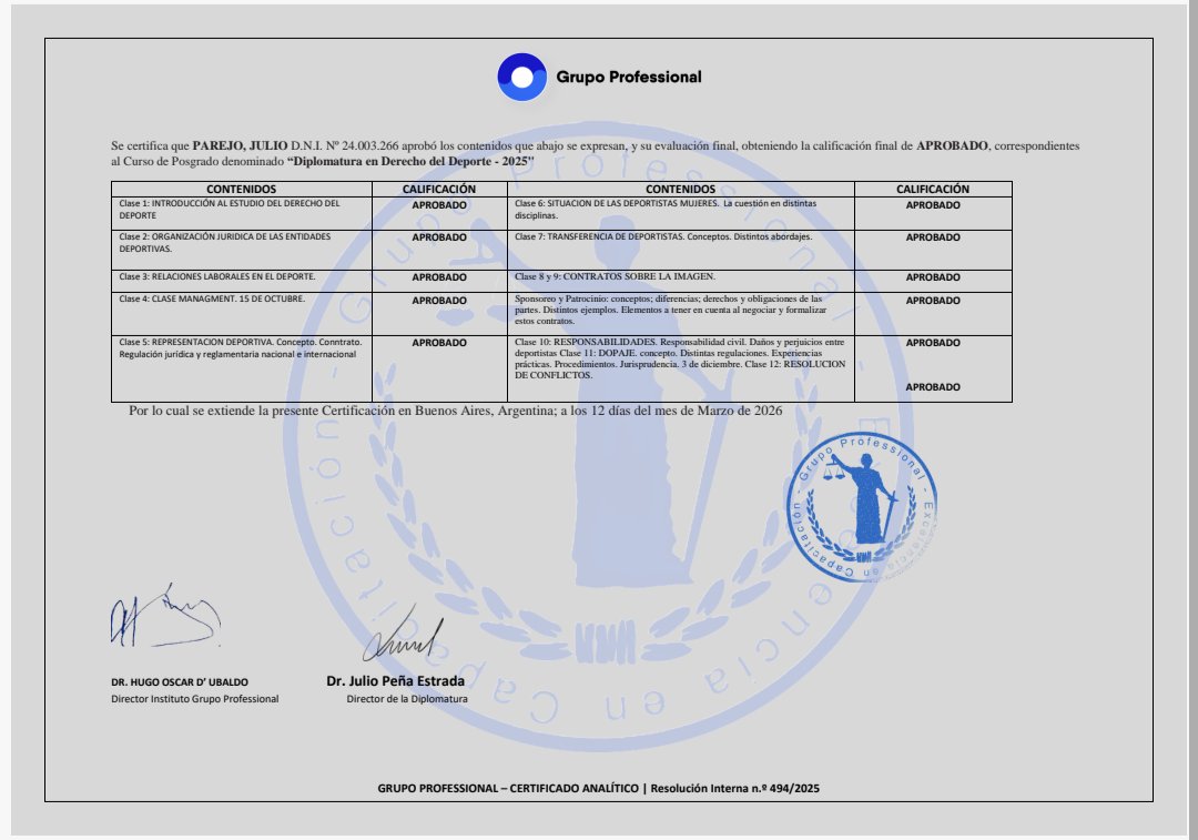 JulioParejo9's tweet photo. Tengo el agrado de transmitir que he aprobado la Diplomatura en Derecho del Deporte otorgado por el Instituto Universitario River Plate https://t.co/afStUIshDE