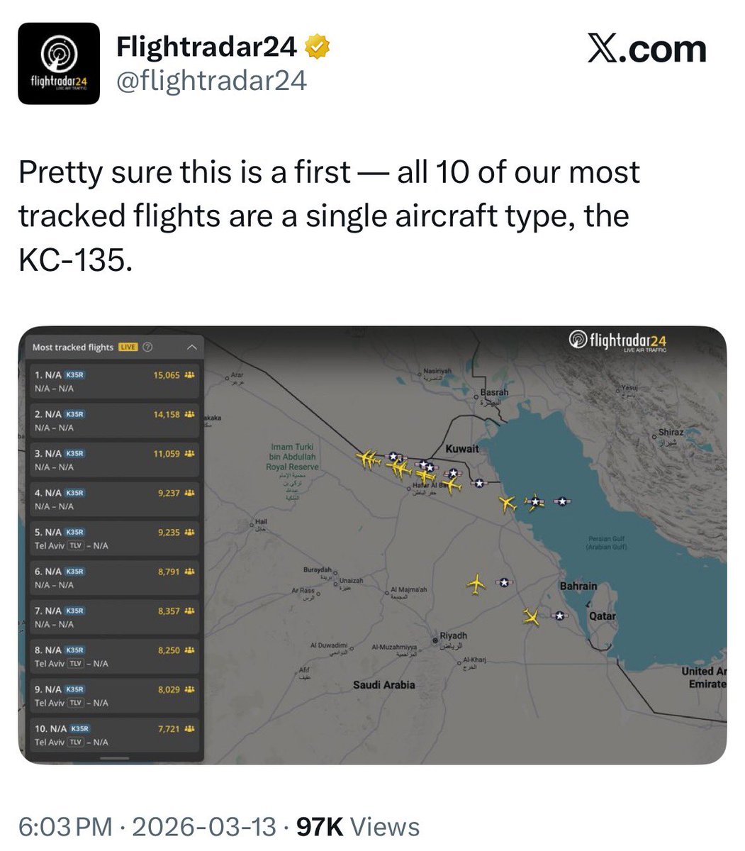 7esabraqm2011's tweet image. دليل إضافي قوي جداً على مصداقية #المقاومة_الإسلامية في #العراق في نجاحها بإسقاط طائرة التزود بالوقود الأمريكية:

تتبع مسار 10 طائرات أمريكية - بواقع 4 من قاعدة الأمير سلطان السعودية و 6 من تل أبيب - جميعها من نفس النوع KC-135 تتفادى دخول الأجواء العراقية.