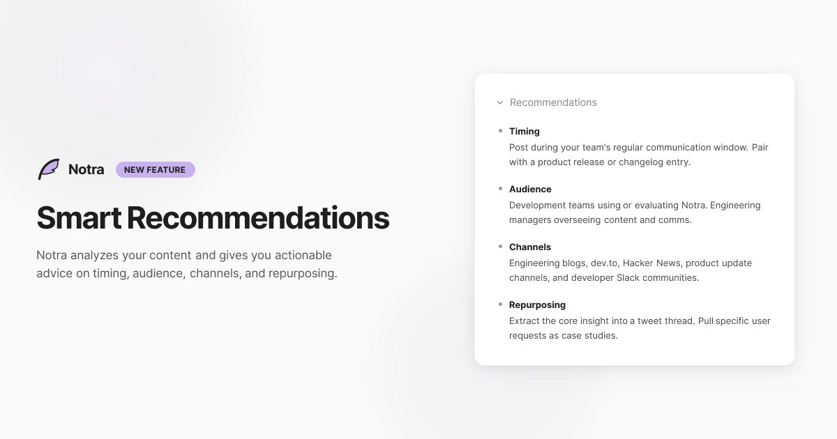 Introducing Smart Recommendations

Every time Notra generates a piece of content for you, it now comes with a set of recommendations, including when to post, who to target, and ideas for a thumbnail.