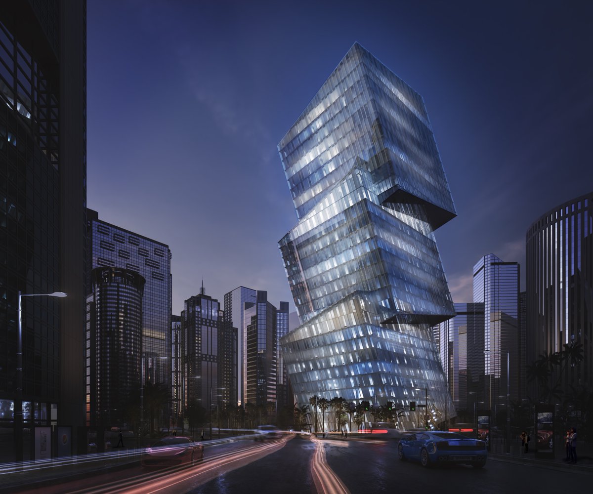 ドバイのオフィスタワー

ドバイの強烈な太陽の南中高度にあわせてファサード面を傾斜させることにより、日射熱取得量を最小化することを目指した。通常の中高層タワーに比較して、空調ランニングコストの減少や、ガラス性能の最適化（ダウングレード）を可能にしている。